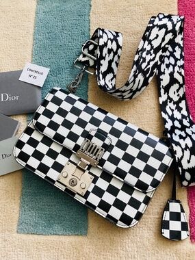 Christian DiorAddict Black White Checkered Flap Shoulder Crossbody Bag w/lock